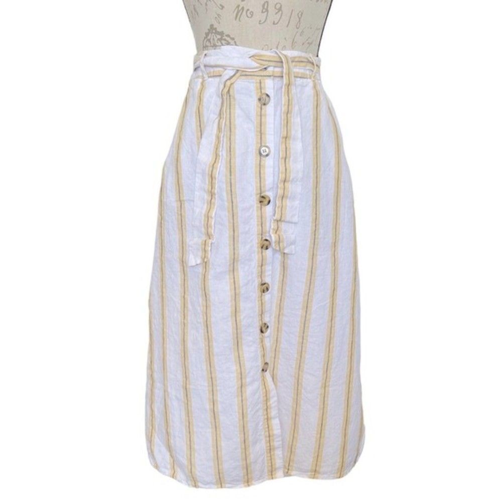Cynthia Rowley Womens Skirt 100% Linen Striped Yellow Pockets Tied Midi Medium - Picture 2 of 12